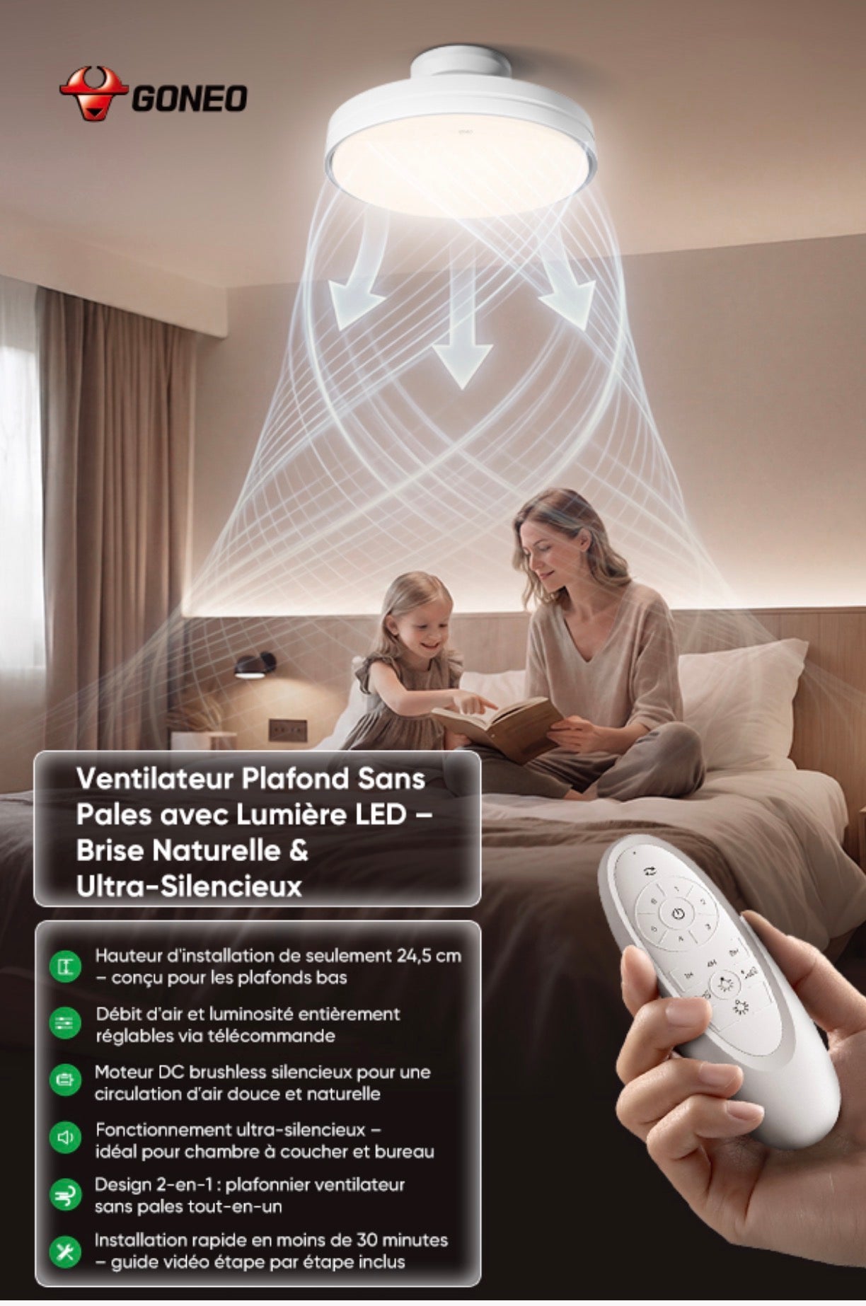 Ventilateur de Plafond Sans Pales avec Lumière LED – Silencieux & Télécommandé